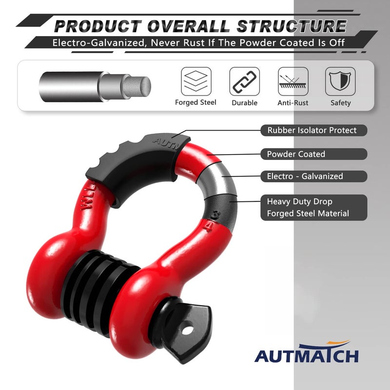 AUTMATCH D Ring Shackle 3/4"" Shackles (2 Pack) 41,887Ibs Break Strength, Clevis Shackle with 7/8"" Screw Pin and Shackle Isolator Washers Kit for Tow Strap Winch Off Road Vehicle Recovery, Red & Black - Image 4